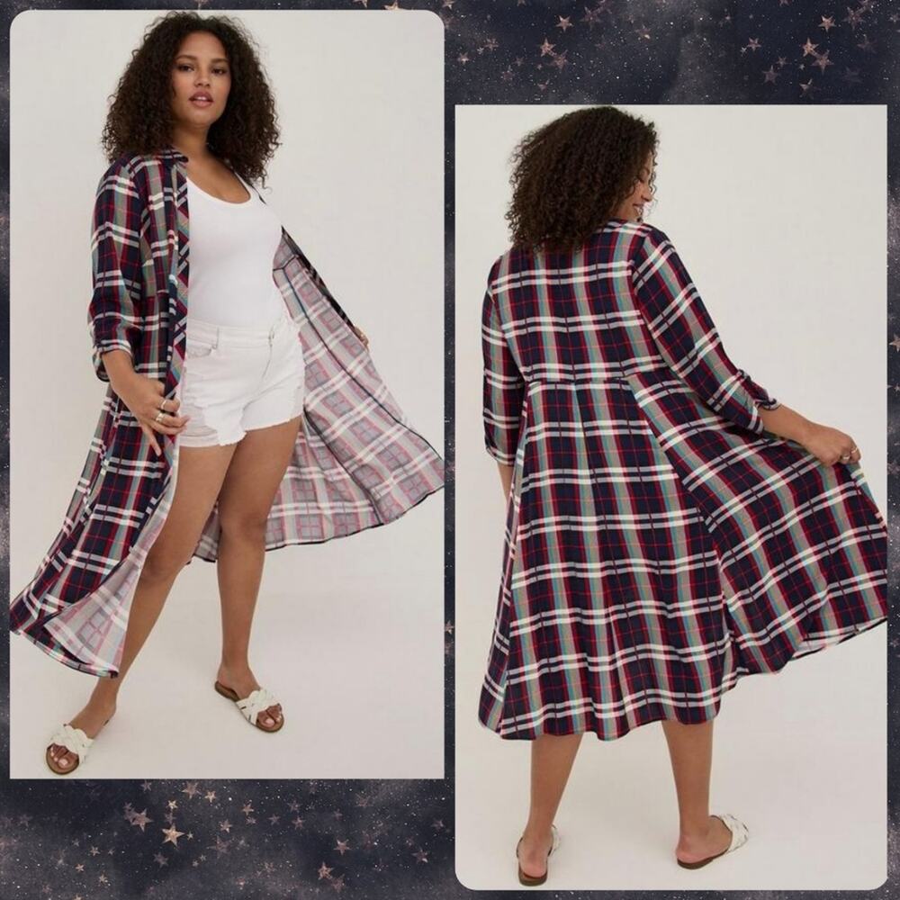 Torrid Red & Blue Plaid Open Front Maxi Kimono, size 1